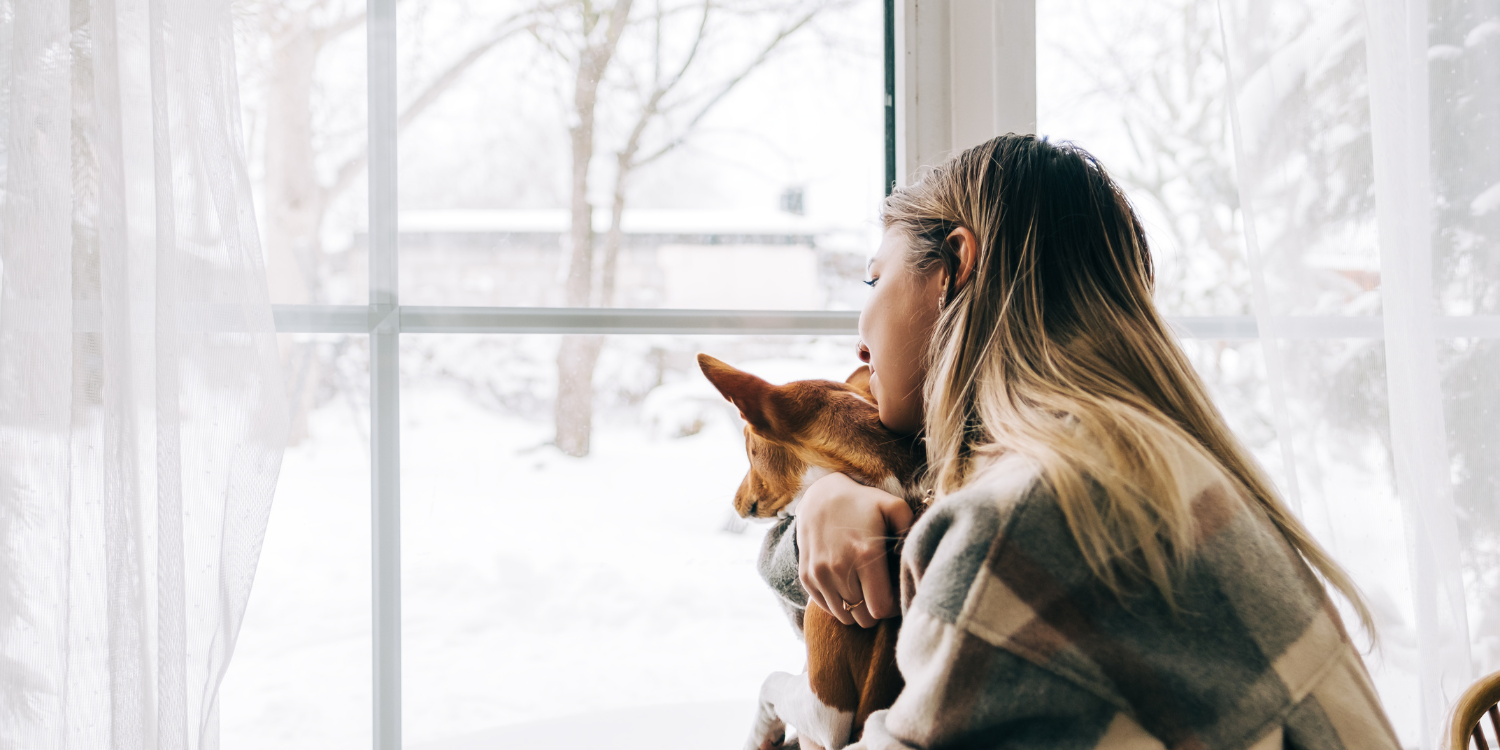 Lady & dog looking outside at snow - Winter HVAC Prep: How to Get Your System Ready for Winter 